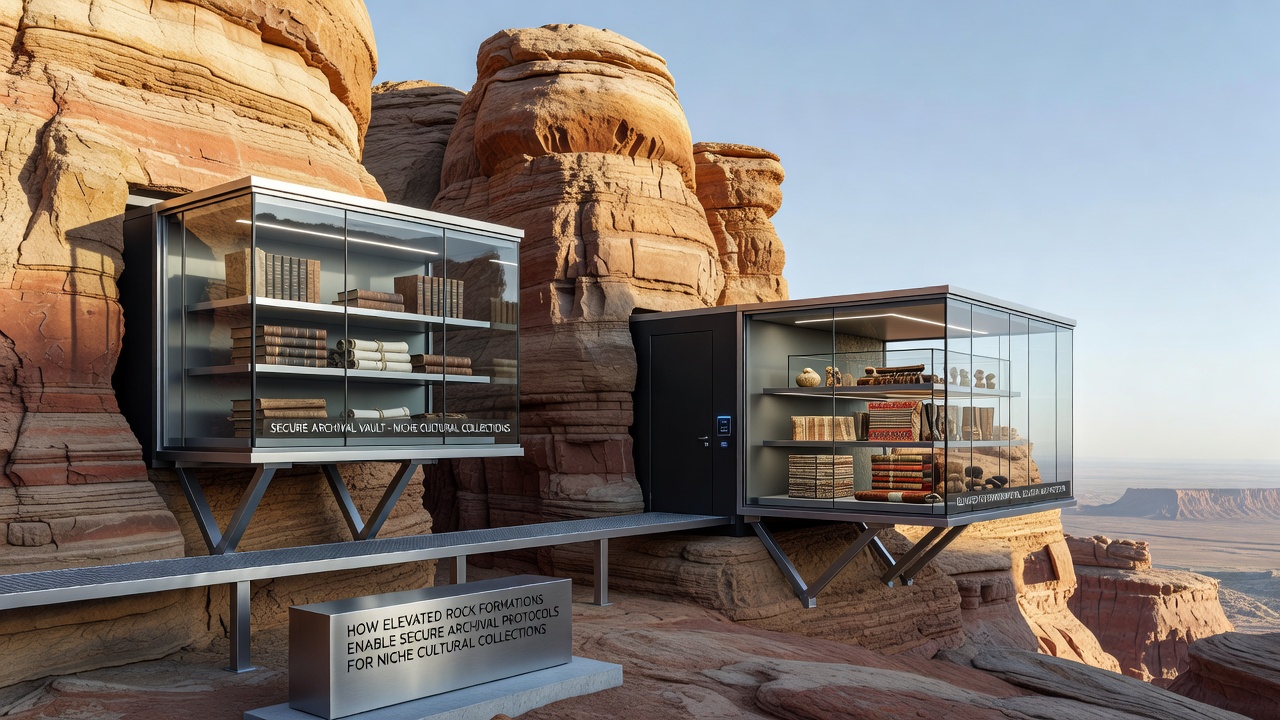 Interior view of archival chambers carved into elevated rock with monitoring equipment