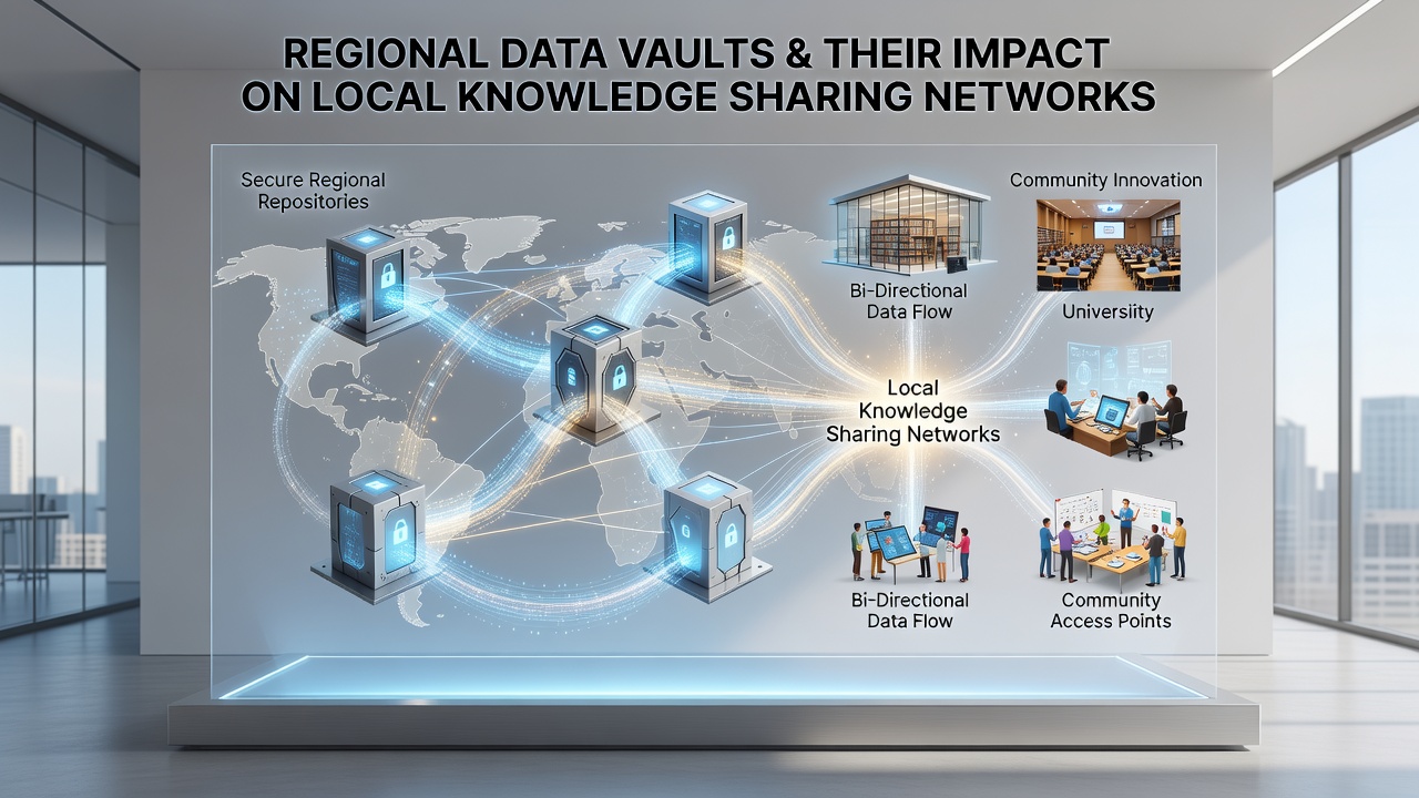 Community members accessing shared regional datasets through secure vault interfaces during a knowledge exchange workshop